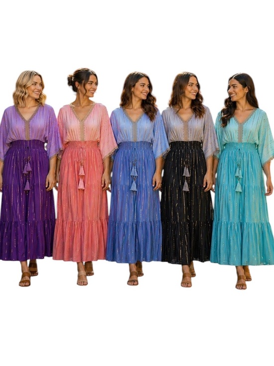 Dresses & Skirts - Kendall Boho Summer Rayon Midi 3/4 Sleeve Embroidery Metallic Accent Dress